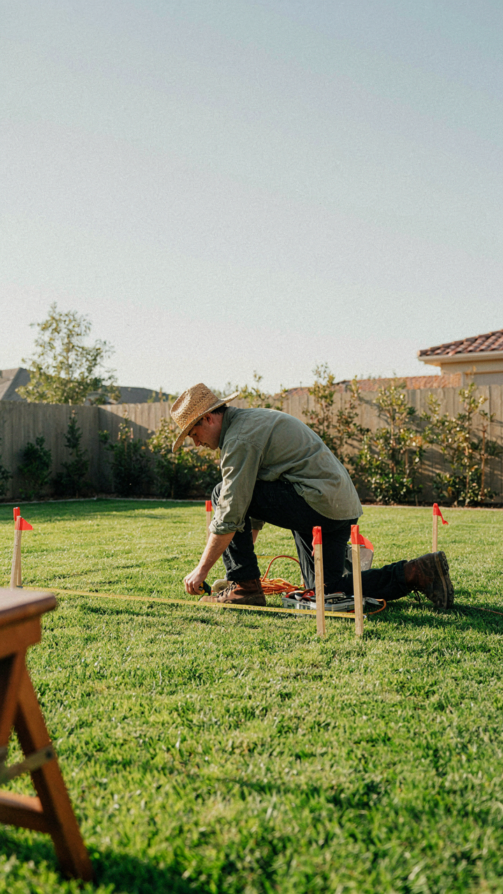 A surveyor measures a flat spot in a backyard, preparing to set up a backyard teepee.