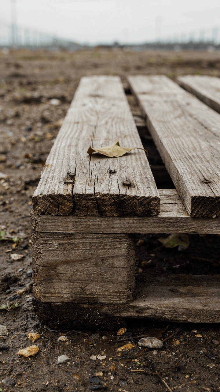 A close up of a wooden pallet with water damage and cracks.