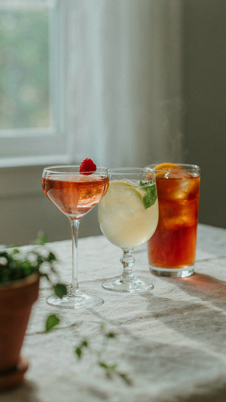 Three elegant glasses hold artisanal beverages on a linen draped table.