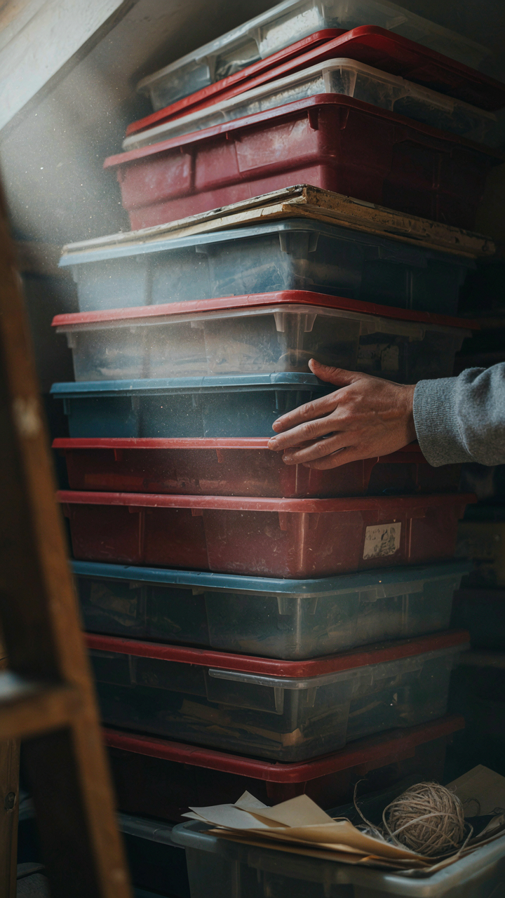 A person digs through many storage bins, searching for something in a tight space.