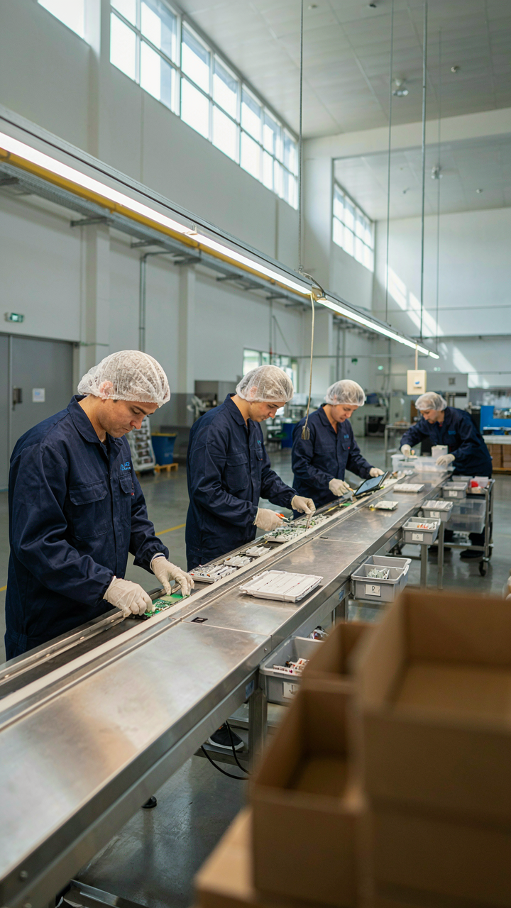An organized factory assembly line with workers and tools.