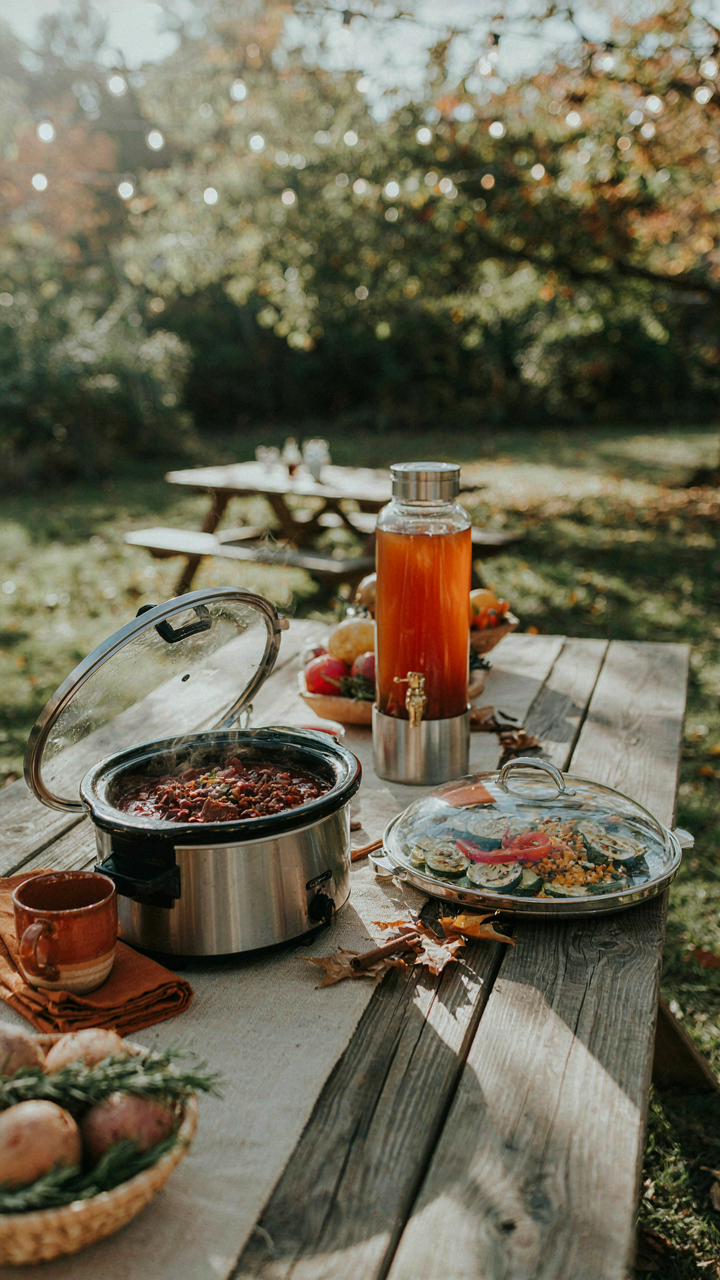 Warm dishes like chili and cider on a buffet table at an outdoor friendsgiving.
