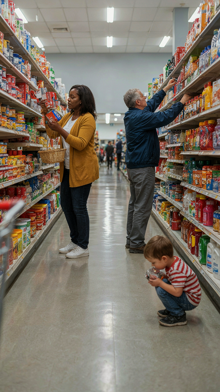 A busy aisle in a dollar store with many people shopping for everyday items.