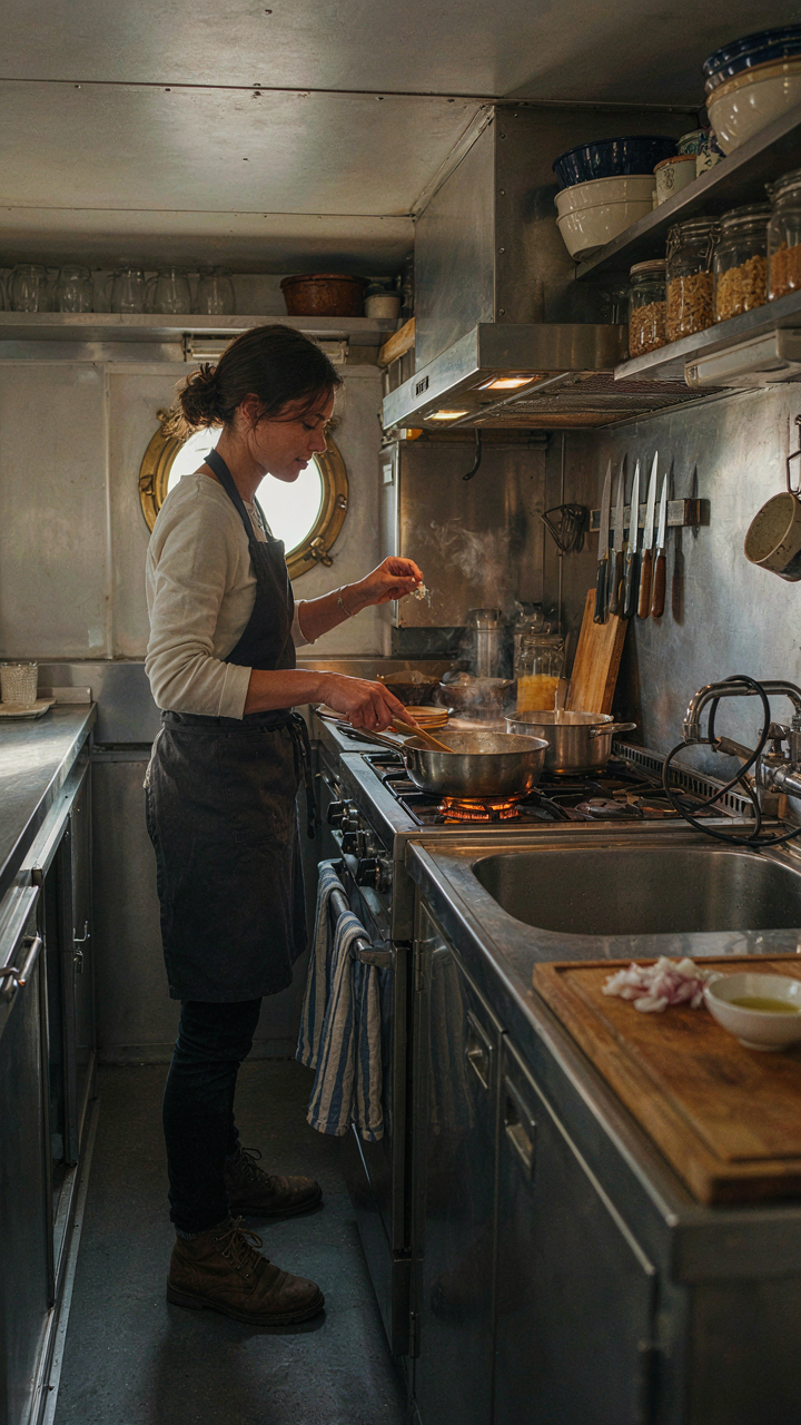 A chef efficiently works in a narrow, ergonomic ship's galley kitchen.