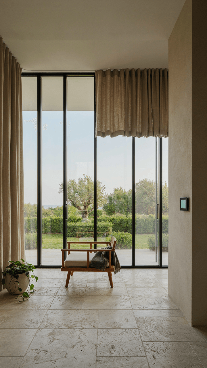 Smart outdoor curtains for patio automatically open and close on a patio.