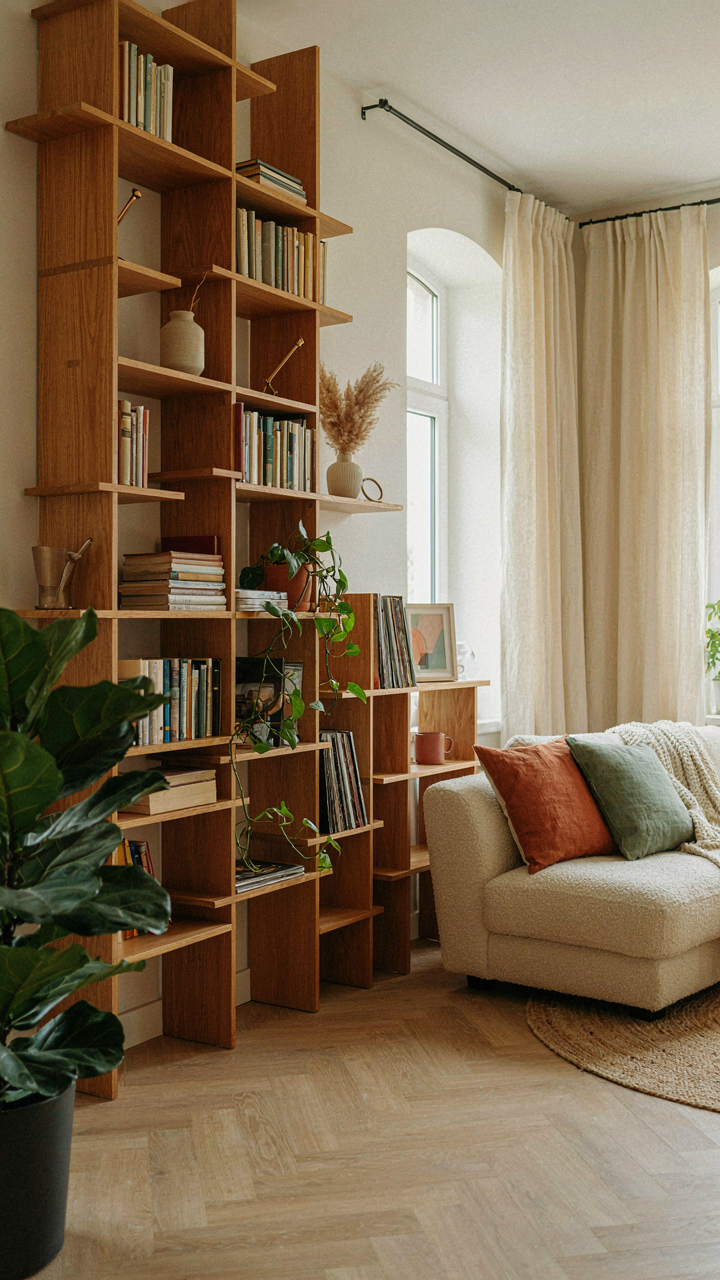 Modular shelving units in an apartment are easy to change.