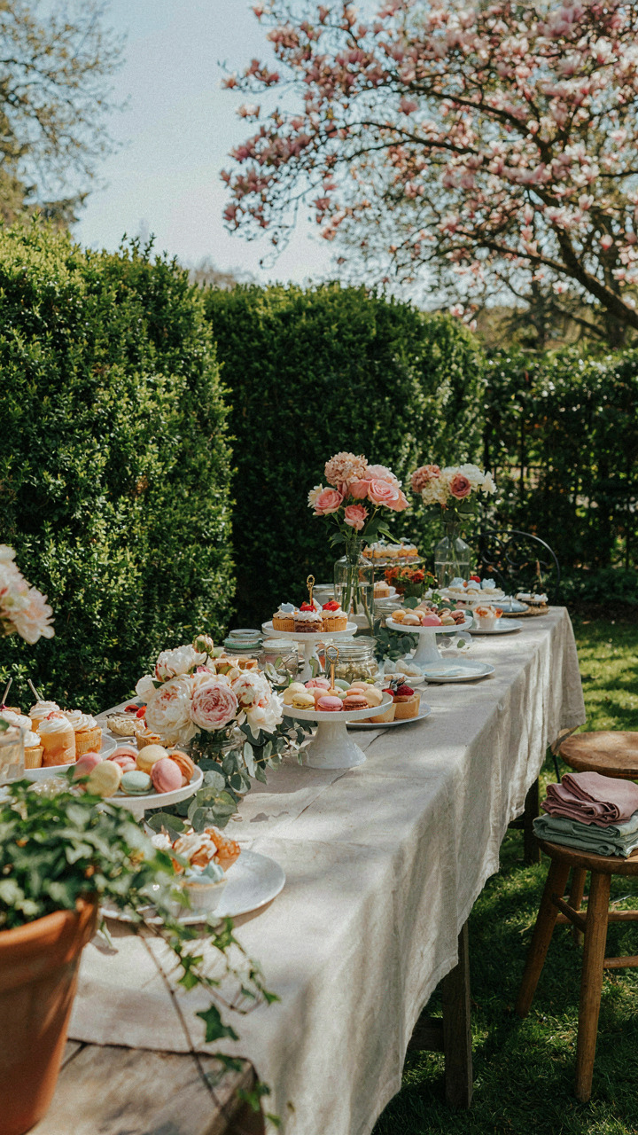 An outdoor birthday treat bar built into a lush garden.