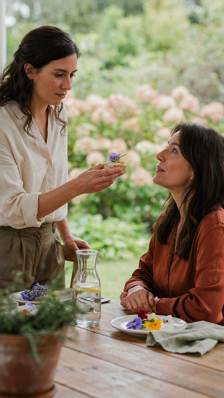 A host offers a small, fancy edible flower snack to a guest at a party.