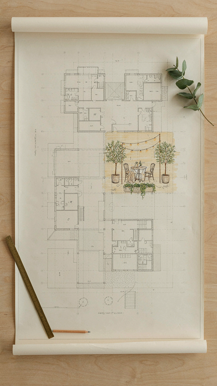 A house blueprint with a highlighted section for a small, elegant garden party.