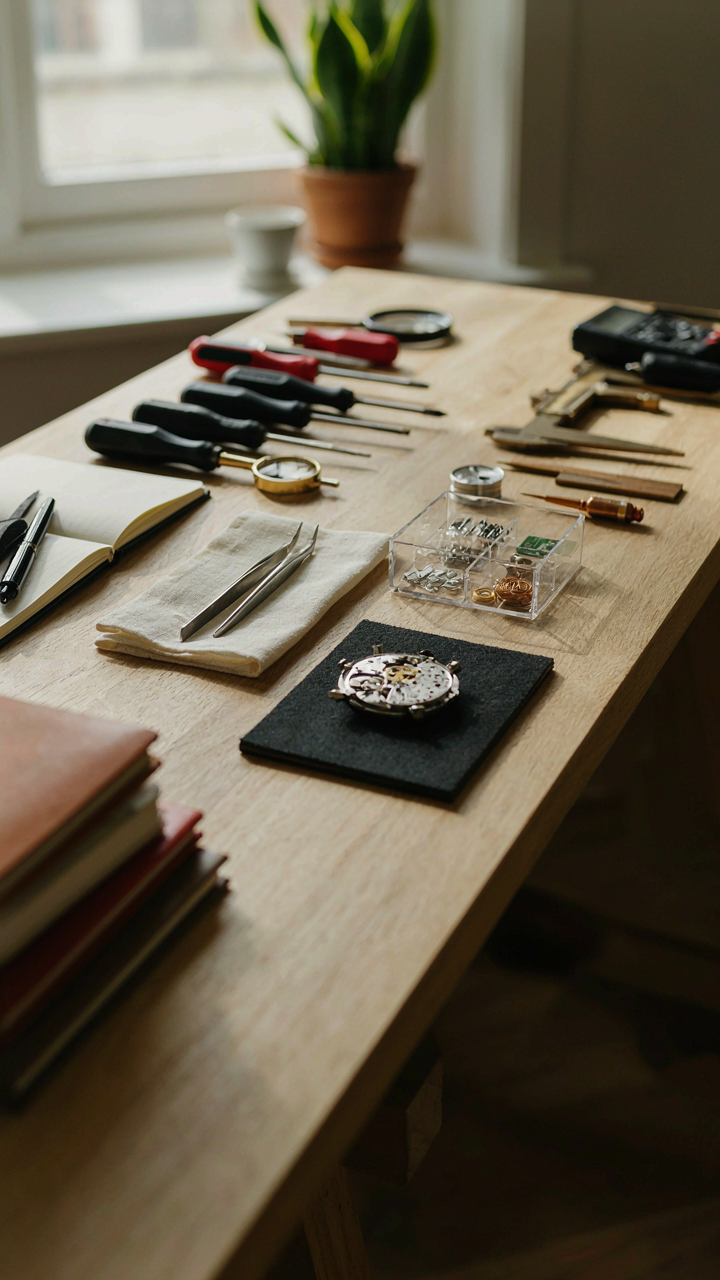 A neat workbench shows an efficient assembly line for small items.