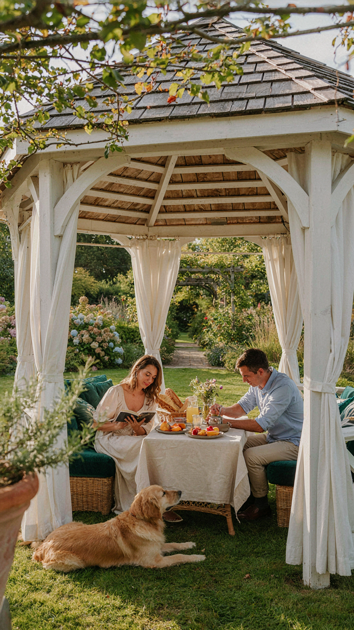 A luxurious gazebo provides comfortable shade for a relaxing picnic.