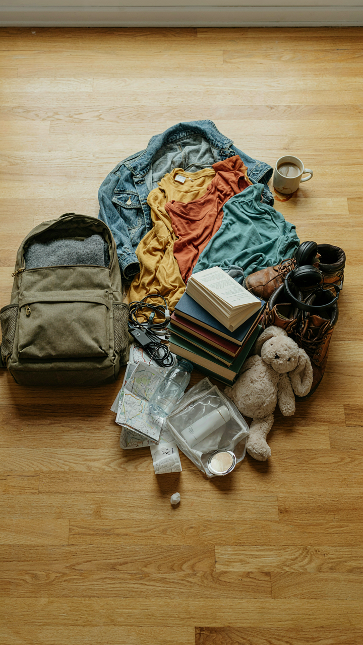 A small backpack is next to a large pile of things that were not packed.