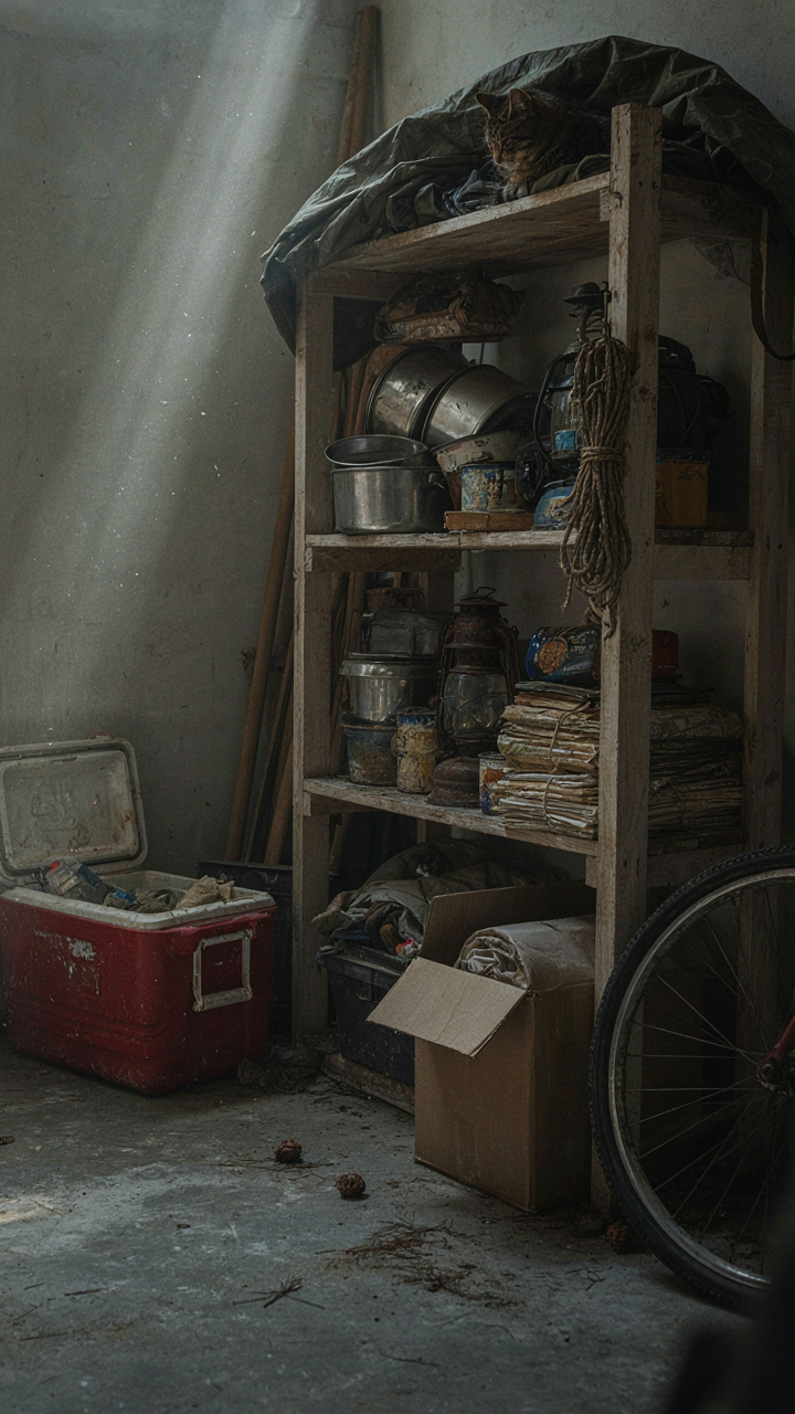 A cluttered garage corner with camping gear hidden behind other boxes on dusty shelves.