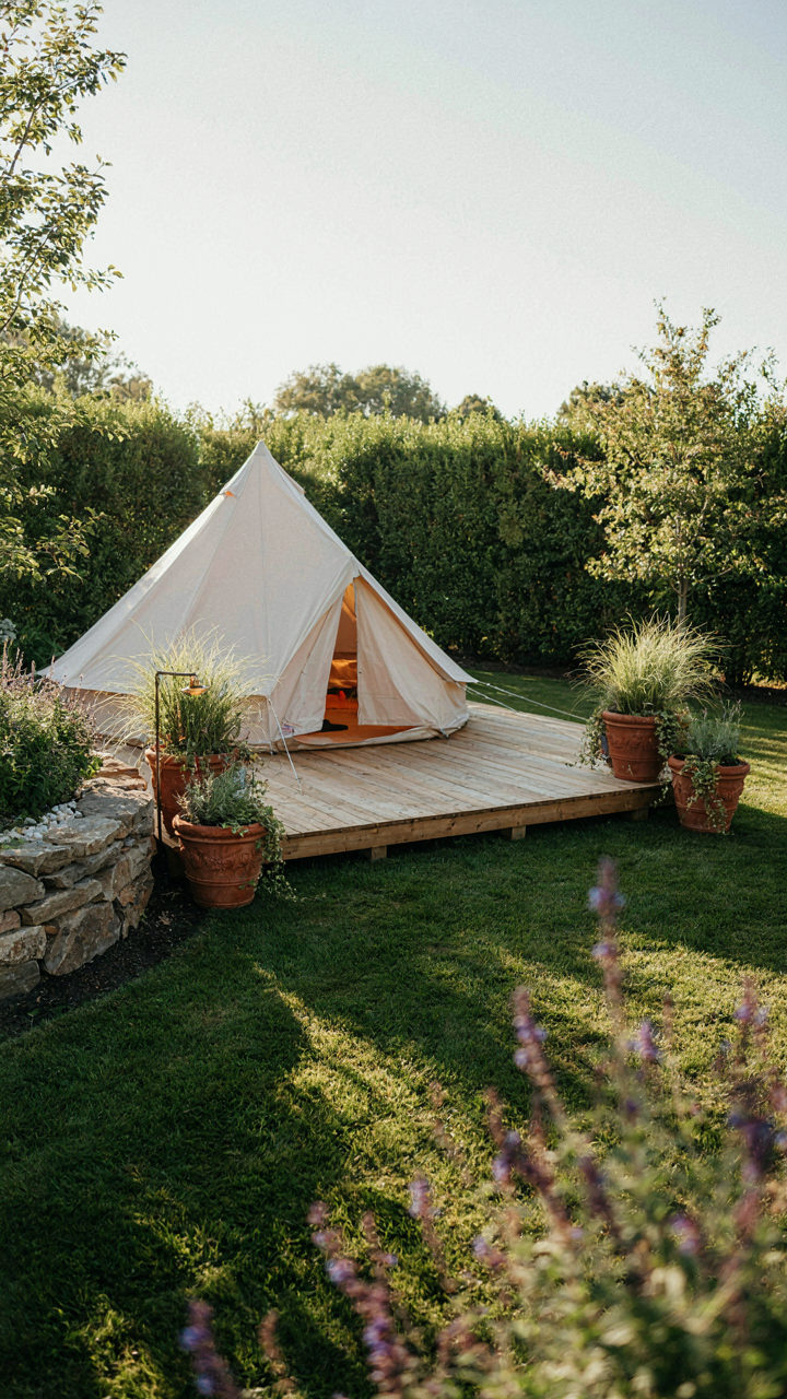 A meticulously landscaped backyard with an elevated platform for a backyard glamping tent.