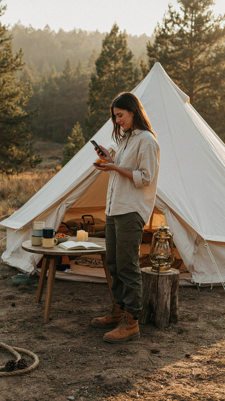 A person taking a photo of a perfectly arranged canvas tent exterior with a smartphone.