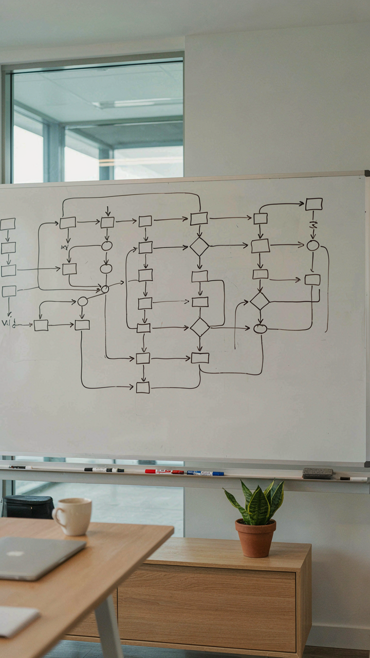 A detailed flow chart with arrows and conditional branches on a whiteboard.