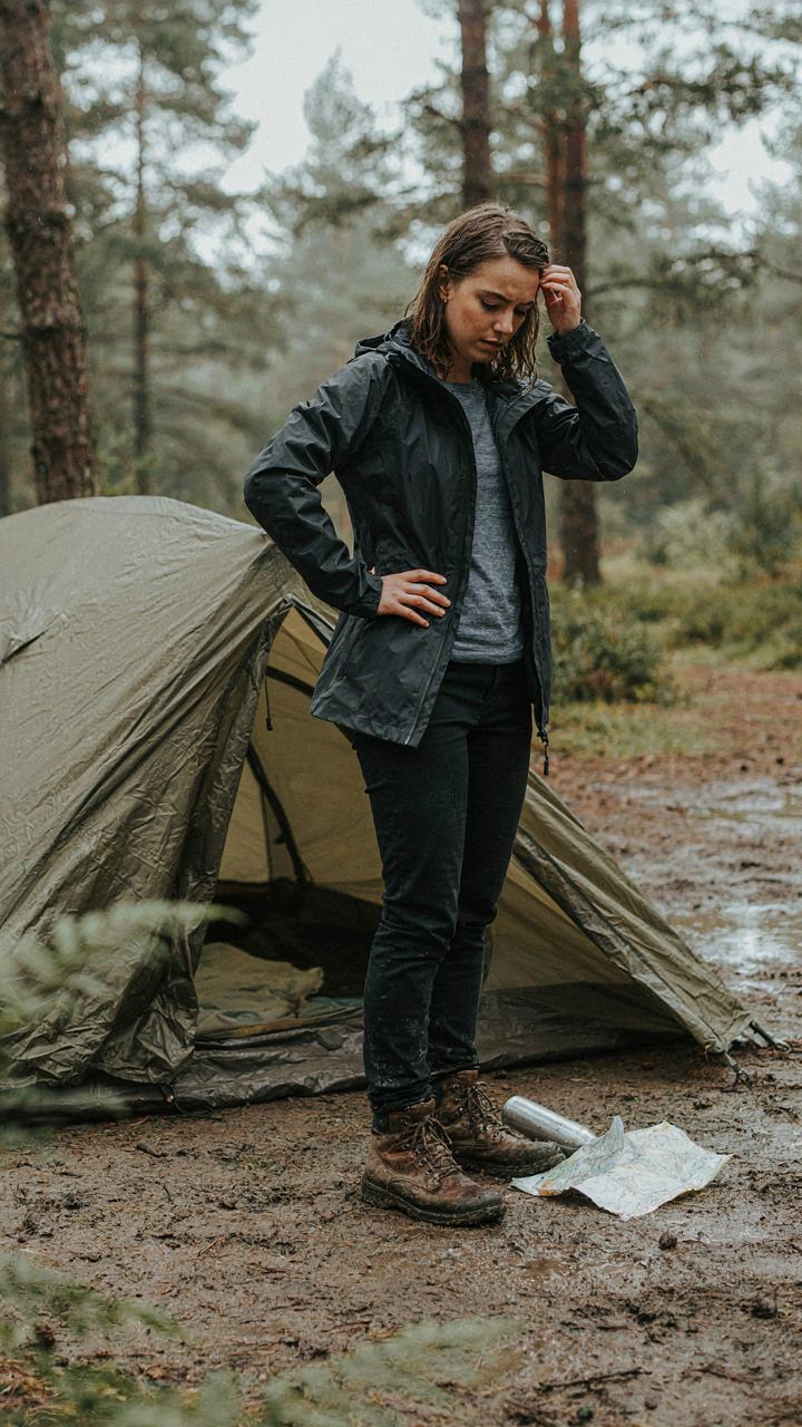 A poorly pitched tent sags on muddy, uneven ground.