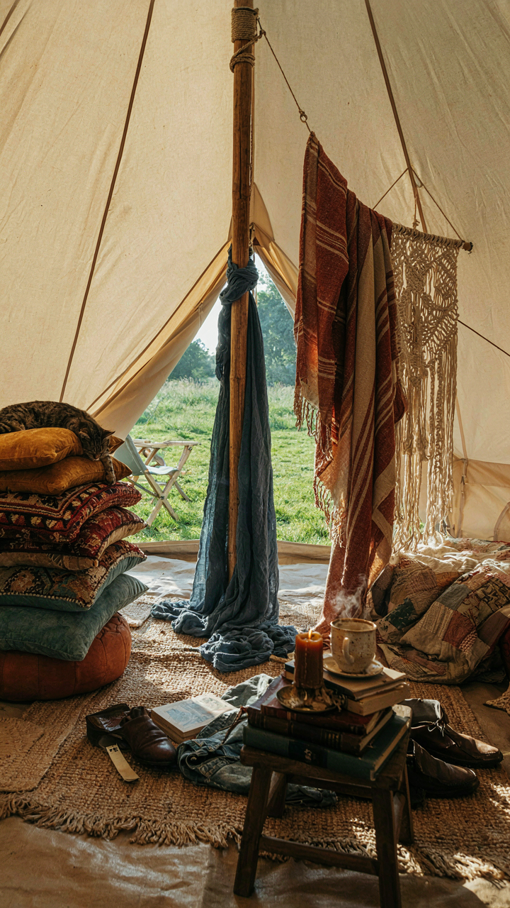A bell tent interior is cluttered with too many decorative items.