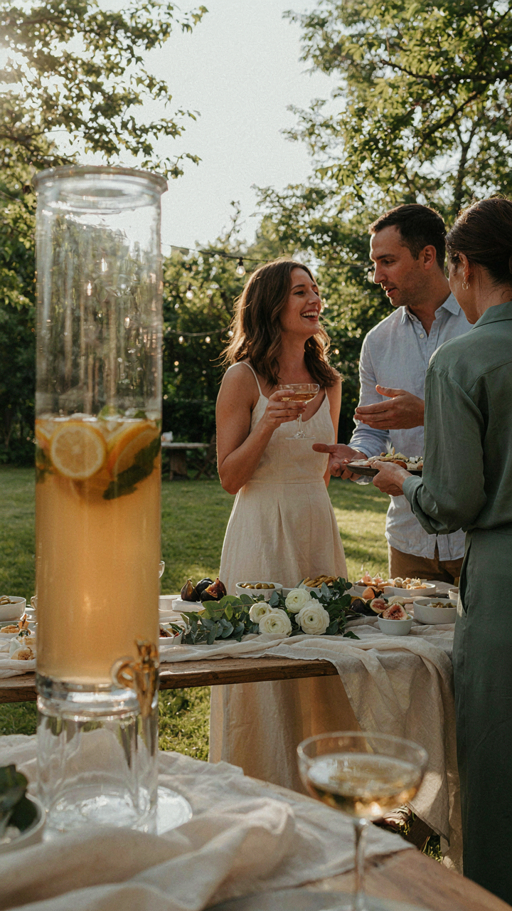 A sleek glass beverage dispenser blends into a refined outdoor party scene.