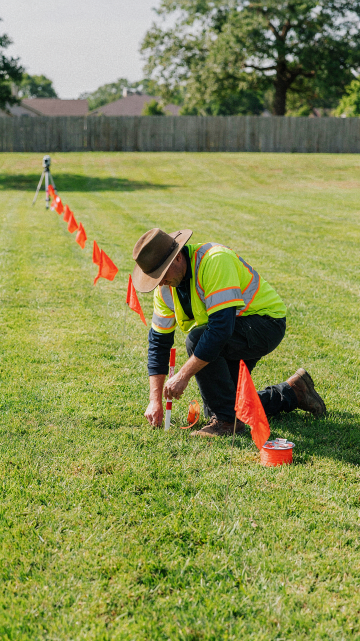 A surveyor carefully marks a precise boundary with orange flags on a lawn.