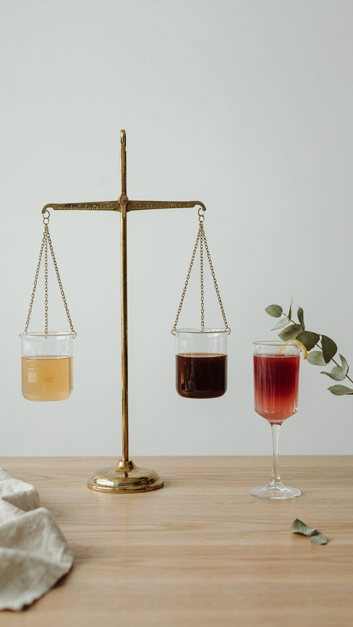 A scientific scale perfectly balances two beakers with liquids, near a mocktail.