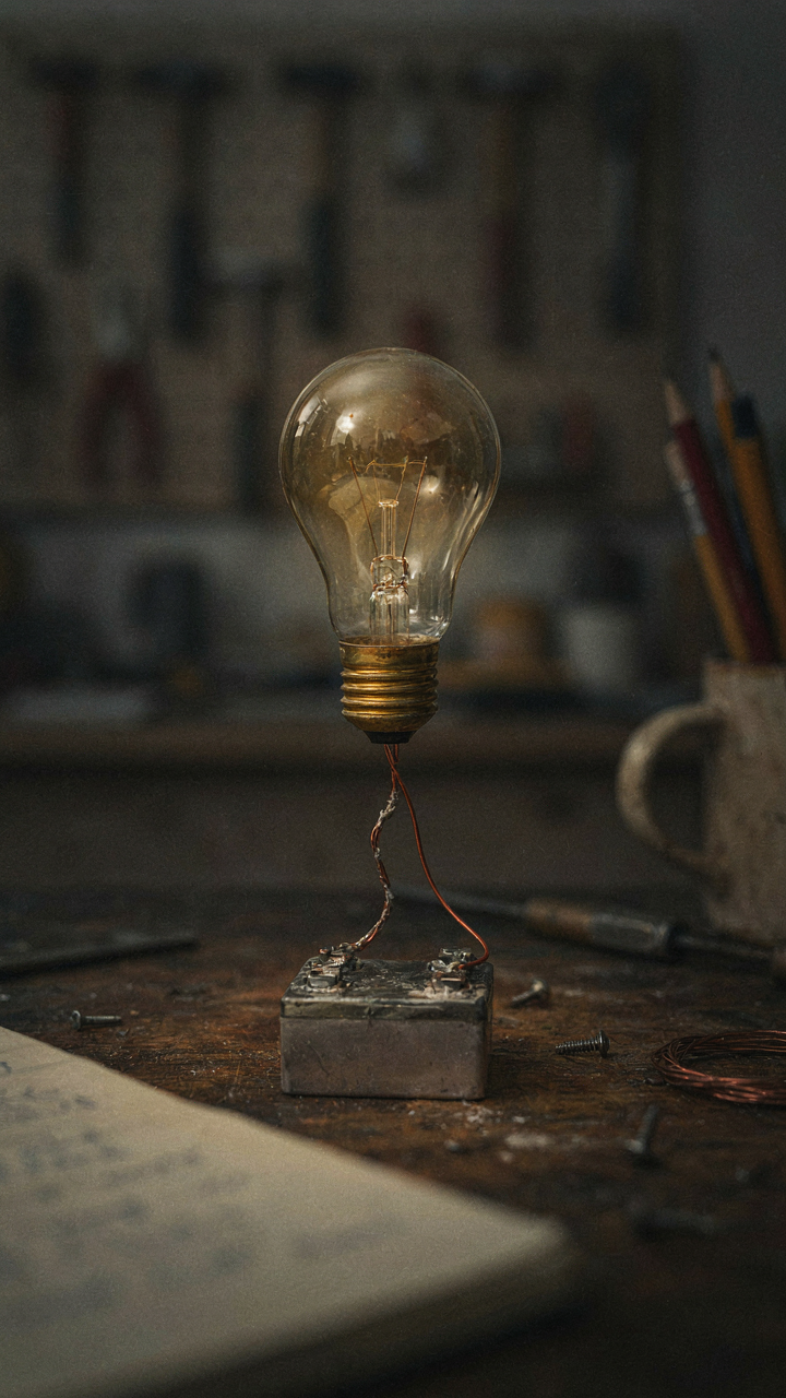 An old, dim light bulb flickers weakly, connected to a battery.