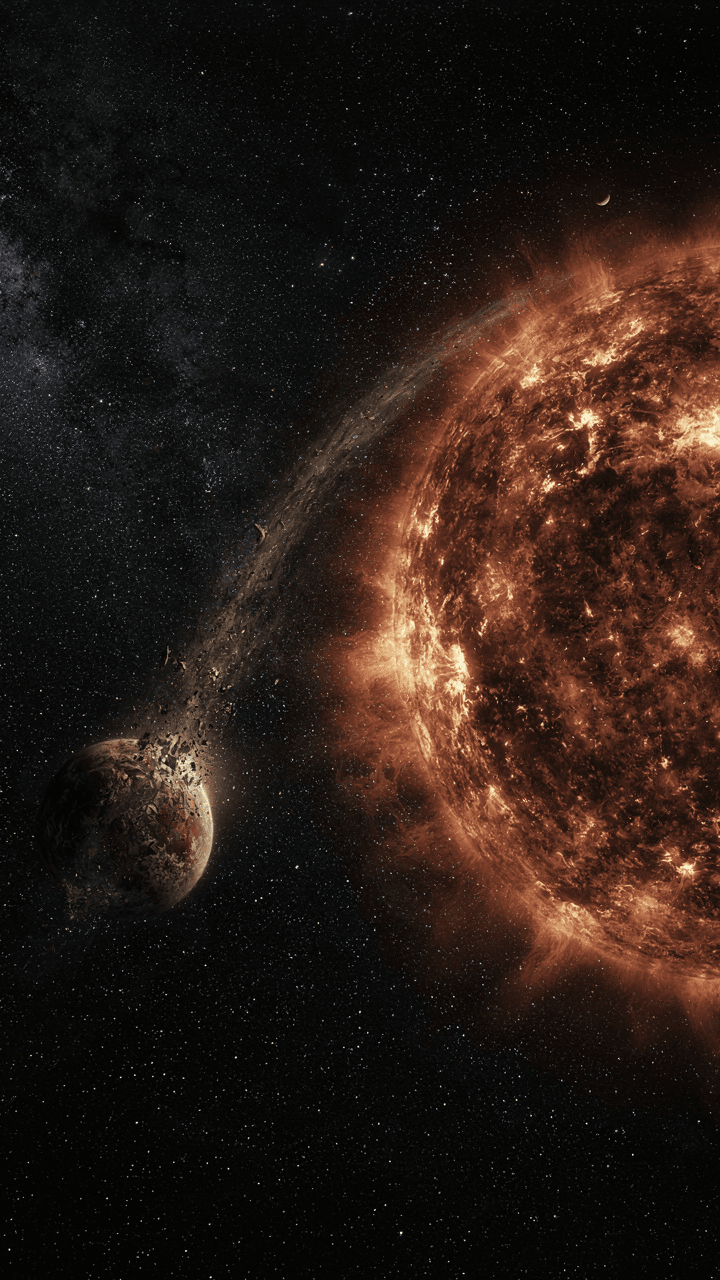 A small planet gets pulled towards a bigger, bright planet.