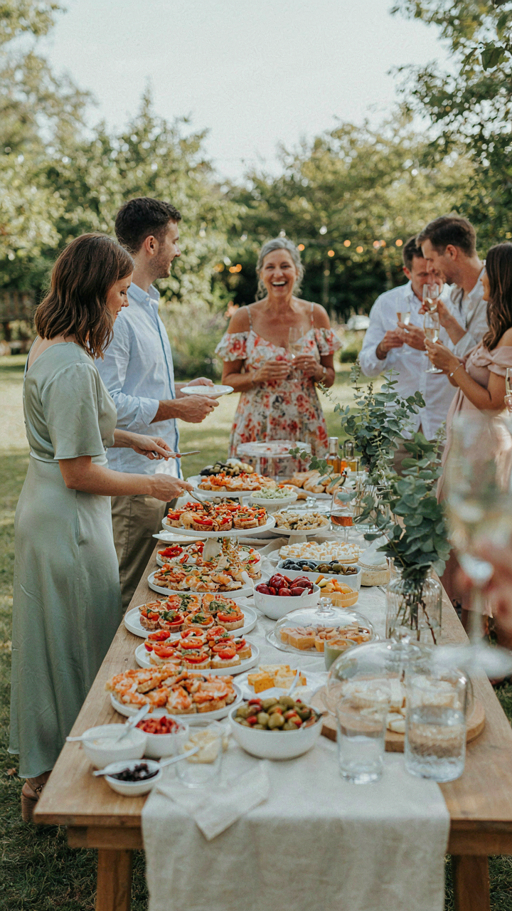 Guests are exploring a beautifully arranged appetizer table at a party.
