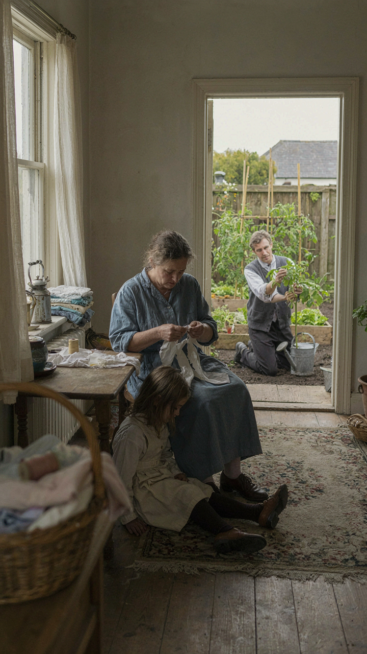 A post-war family mending clothes and gardening at home.