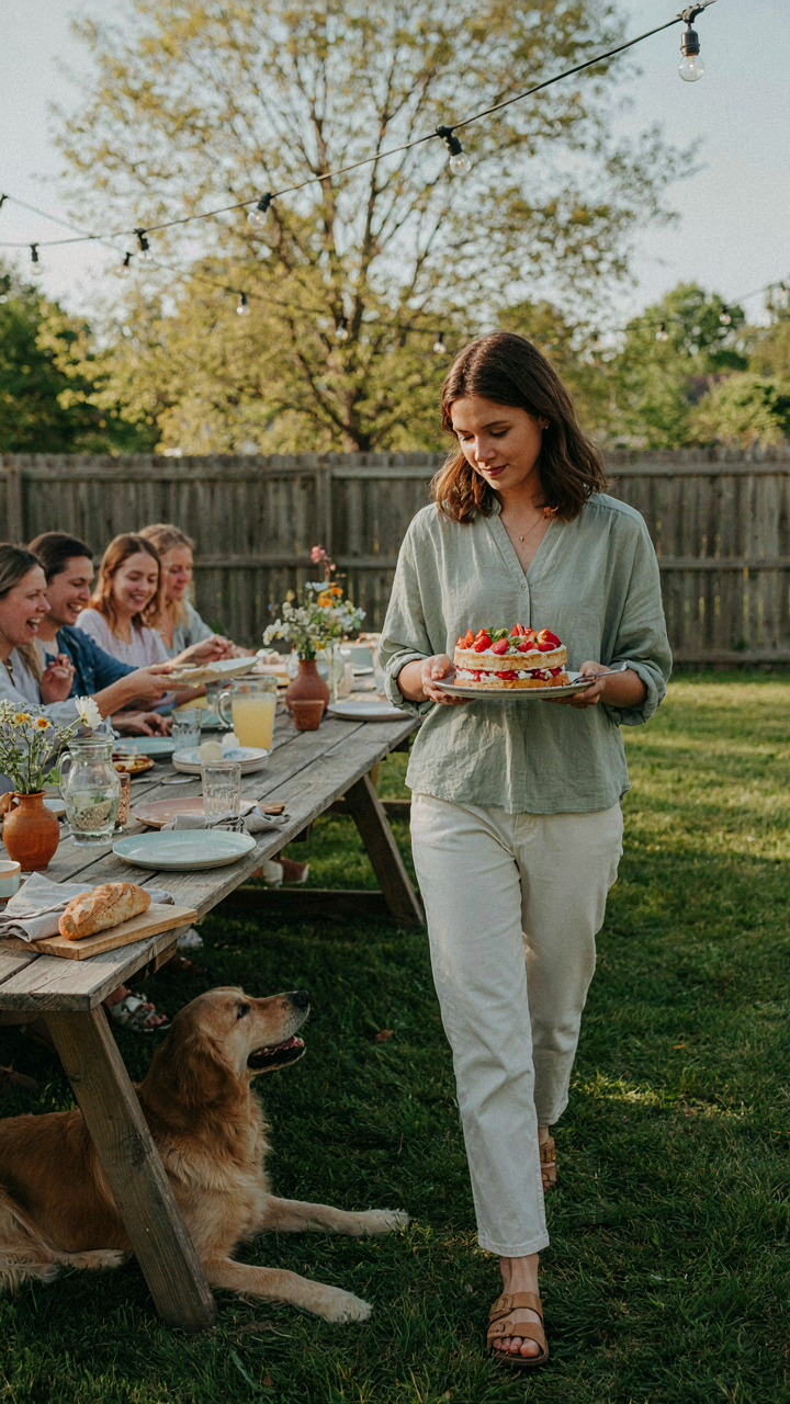 A guest carries a dessert to a potluck table at an outdoor dinner.