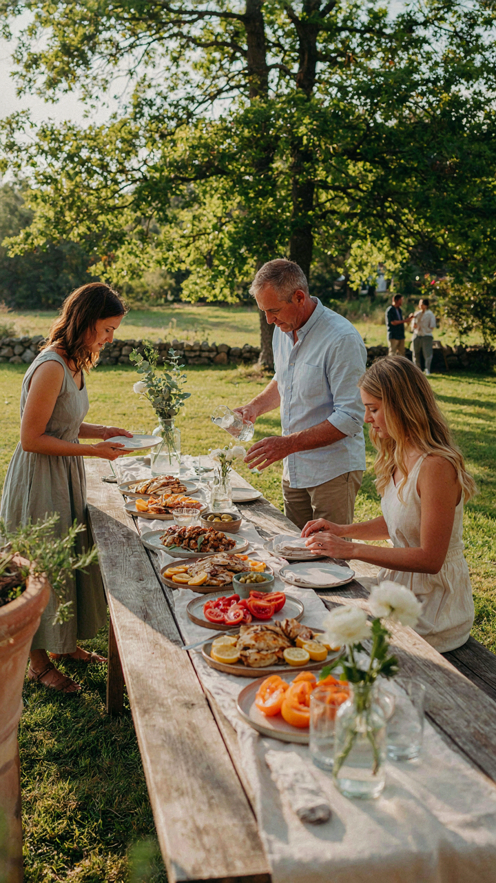 Guests are happily serving themselves from an outdoor buffet table.