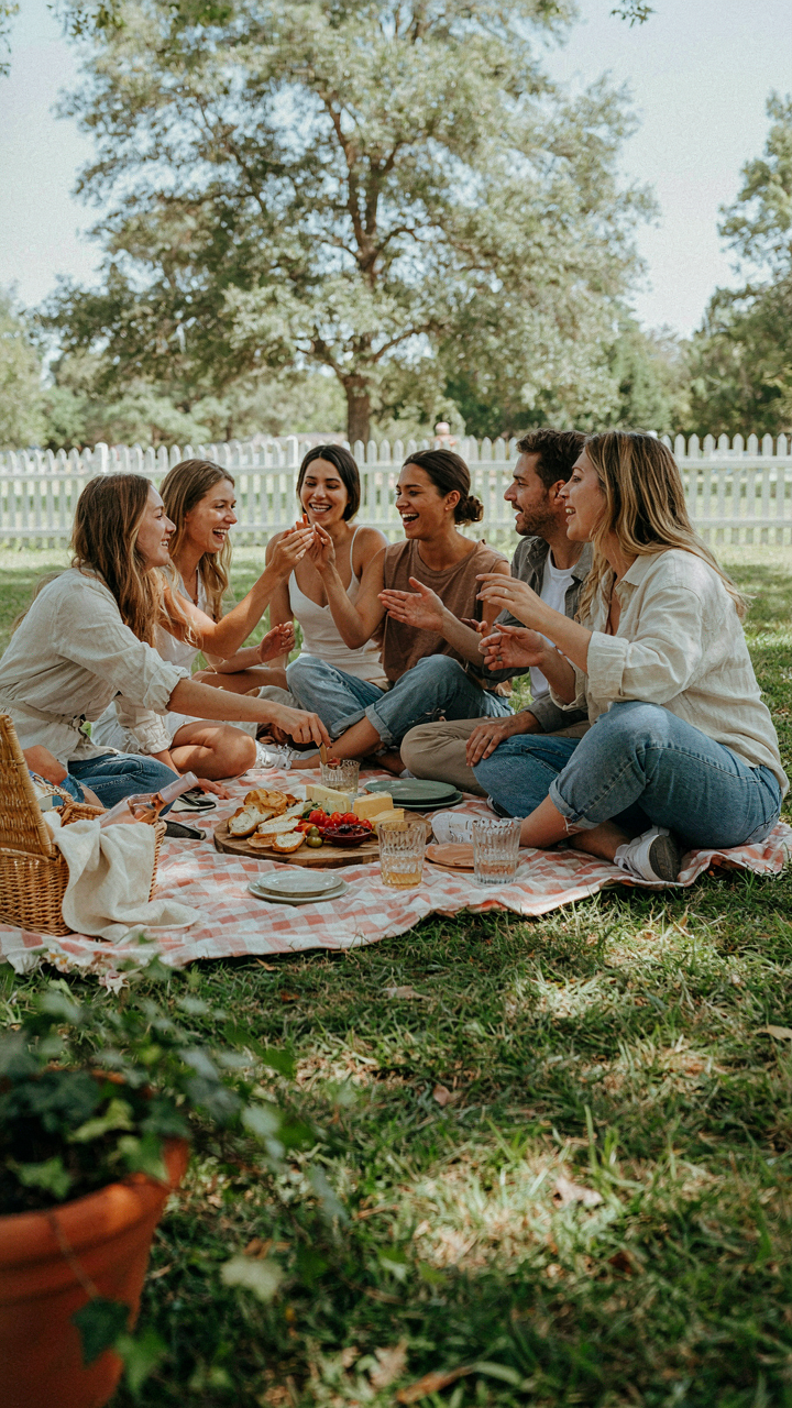 Friends gathered closely on a blanket, laughing and talking at a lawn picnic party.