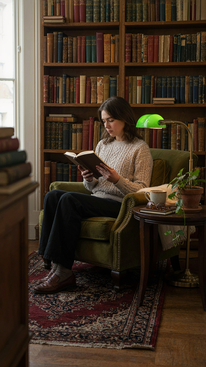 A cozy bookstore nook with an armchair and many books.