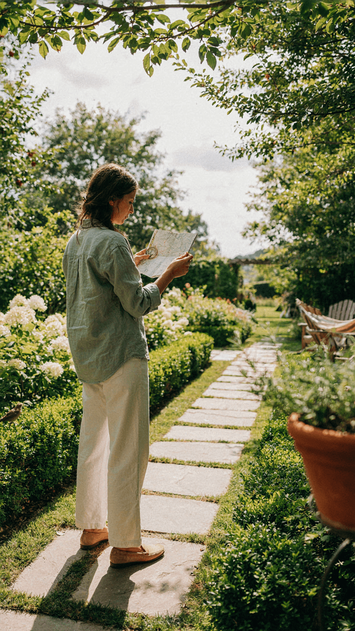 A person uses a compass and map on a garden path, planning a backyard hammock nook.