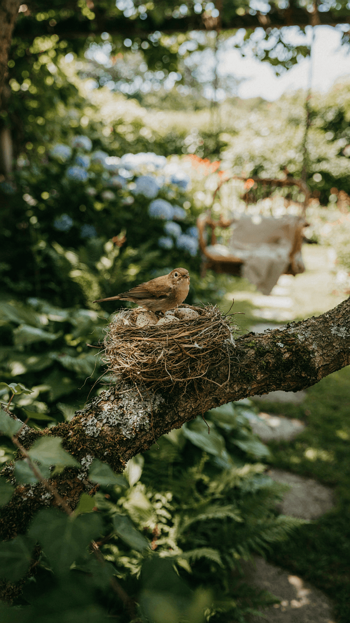 A detailed bird's nest in a tree, with a hanging chair patio far away.