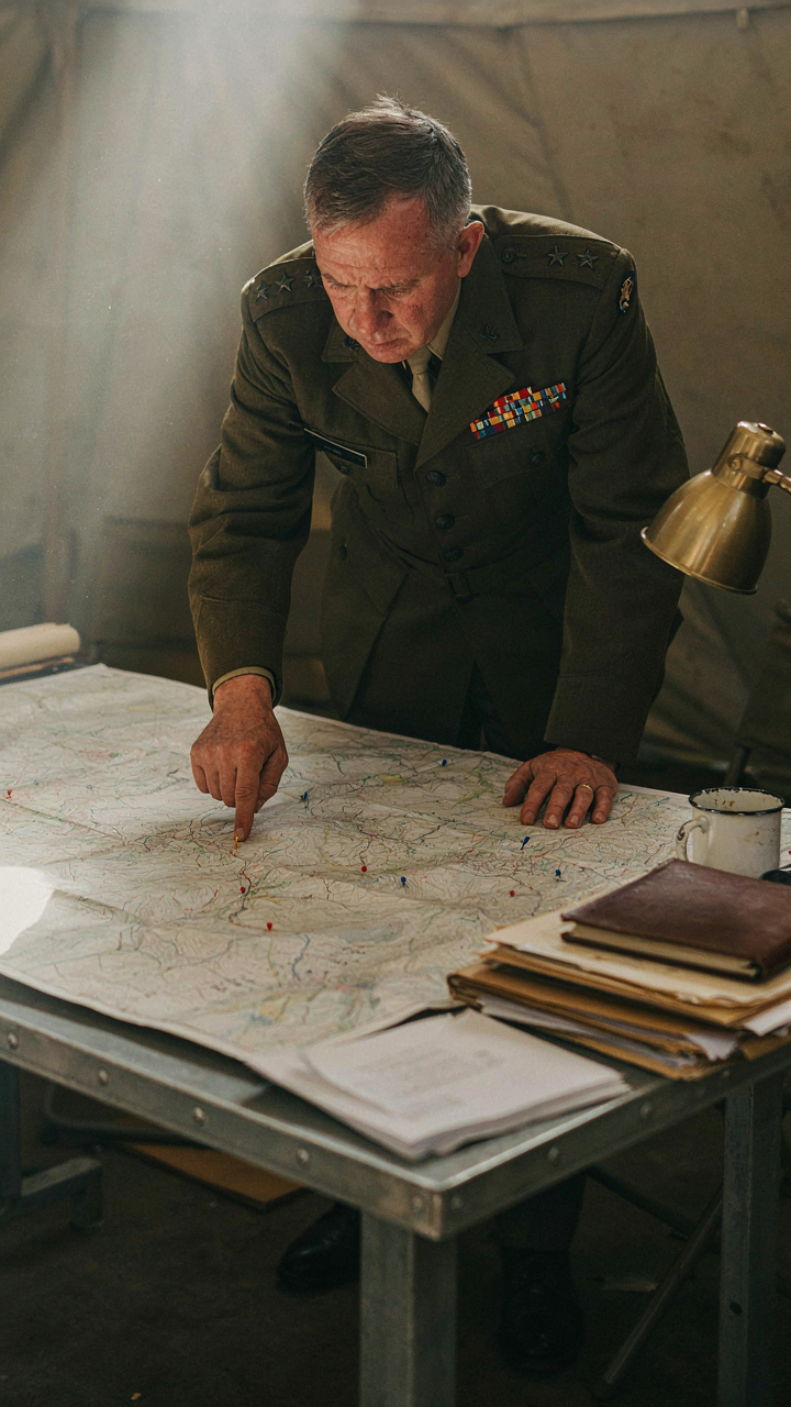 A military general points at a map, planning a strategy with troop concentration.