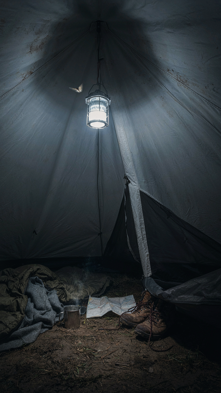 A small tent interior is harshly lit by a very bright lantern.