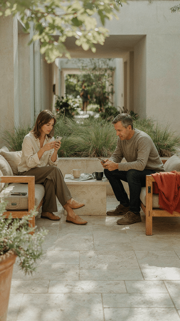 People charge phones at an outdoor seating area.
