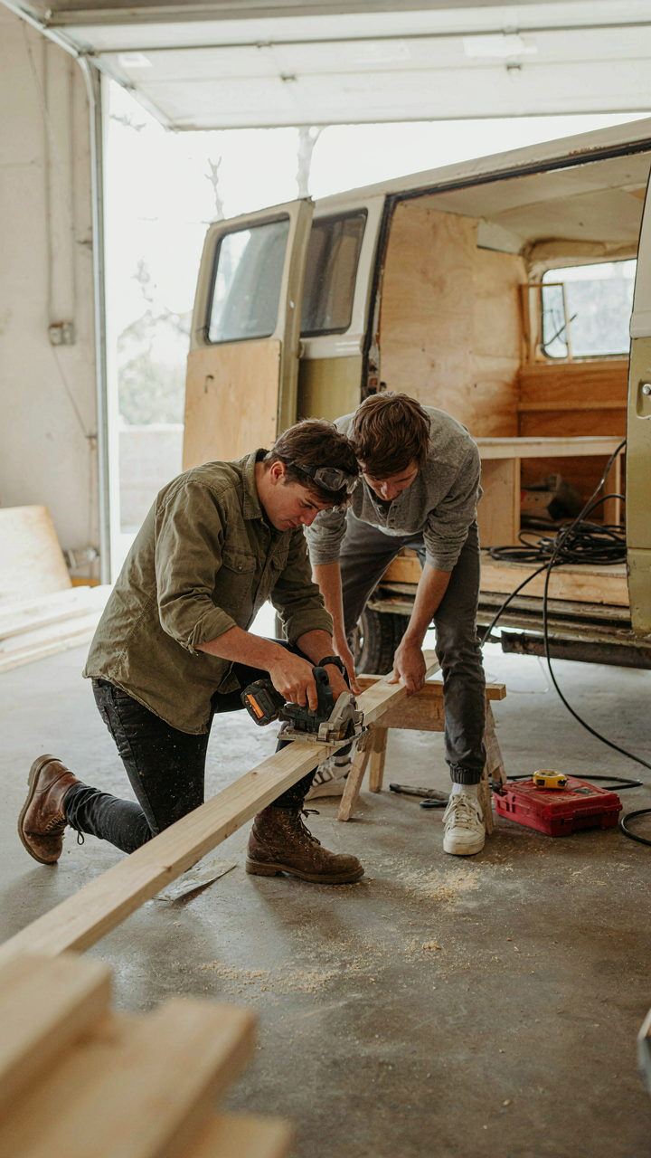 A person uses a power tool to cut wood for a camper renovation, another watches.