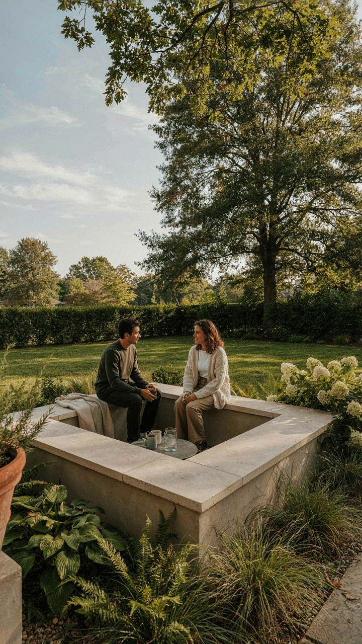 A sunken conversation pit with built-in seating in a backyard.
