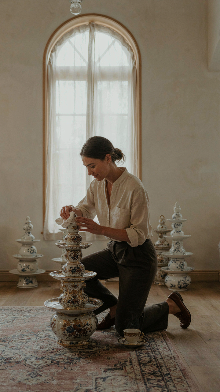 A person polishes a fancy three-tiered porcelain stand for high tea.