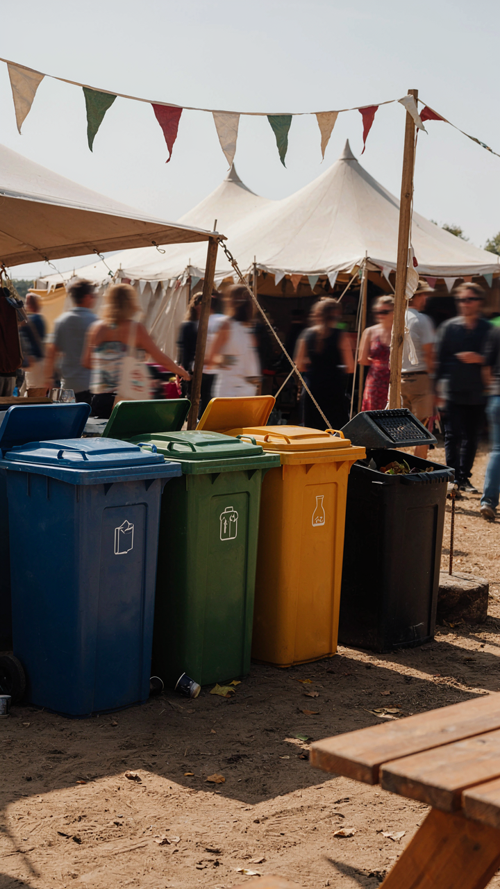 A tidy waste management station next to a festival tent.