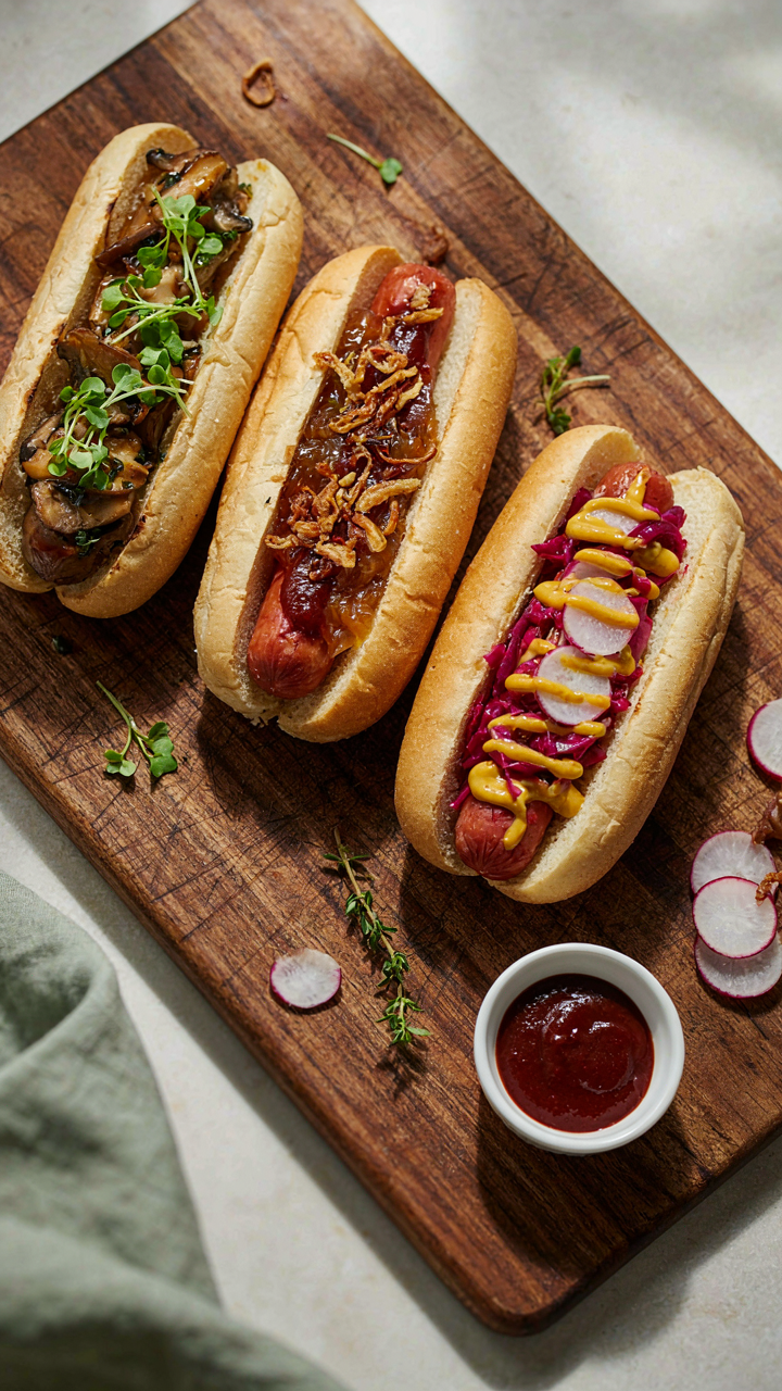 Three different types of hot dogs with unique toppings are neatly displayed.