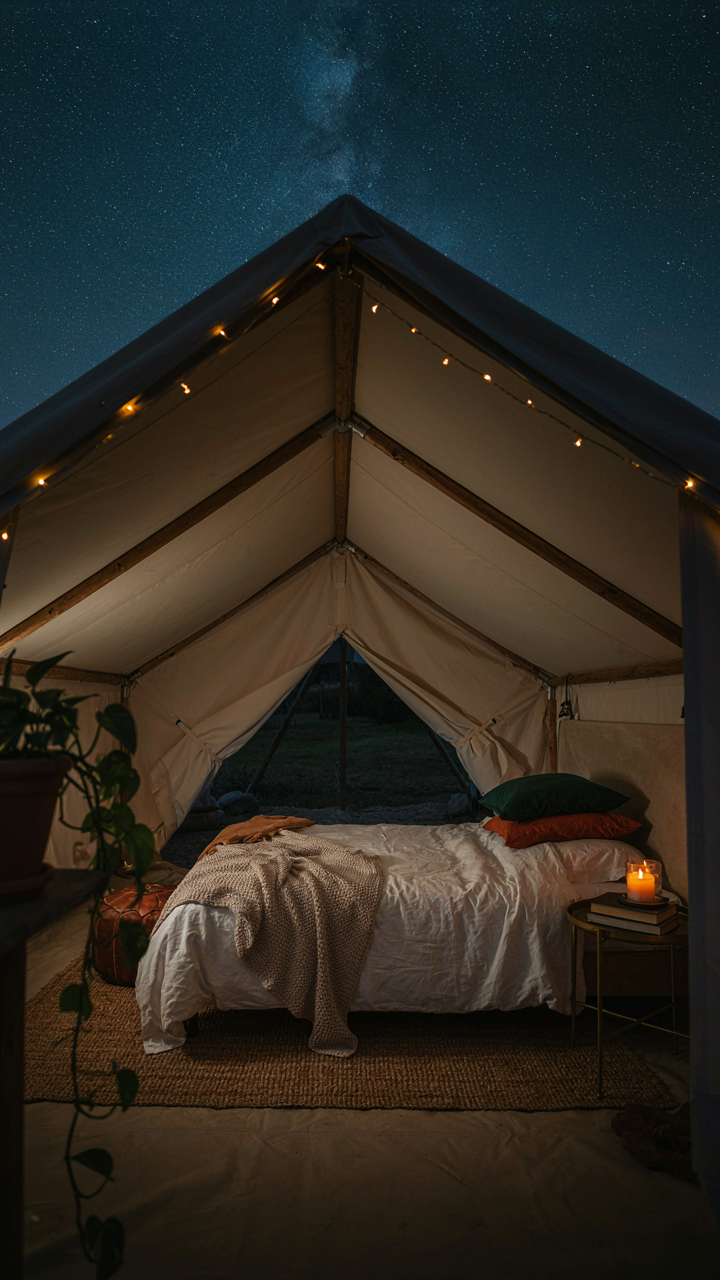 A luxurious glamping tent interior embracing both nature and comfort at dusk.