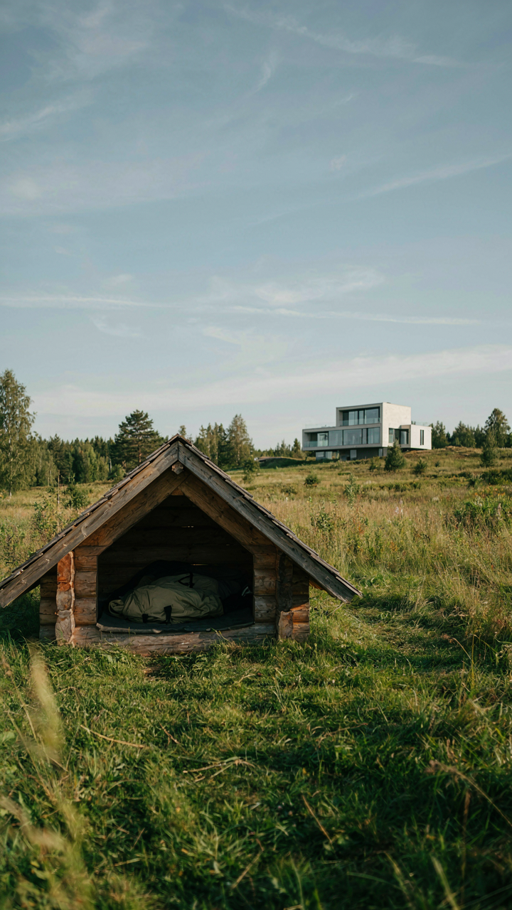 A simple wooden lean-to shelter contrasts with a distant, elaborate house.