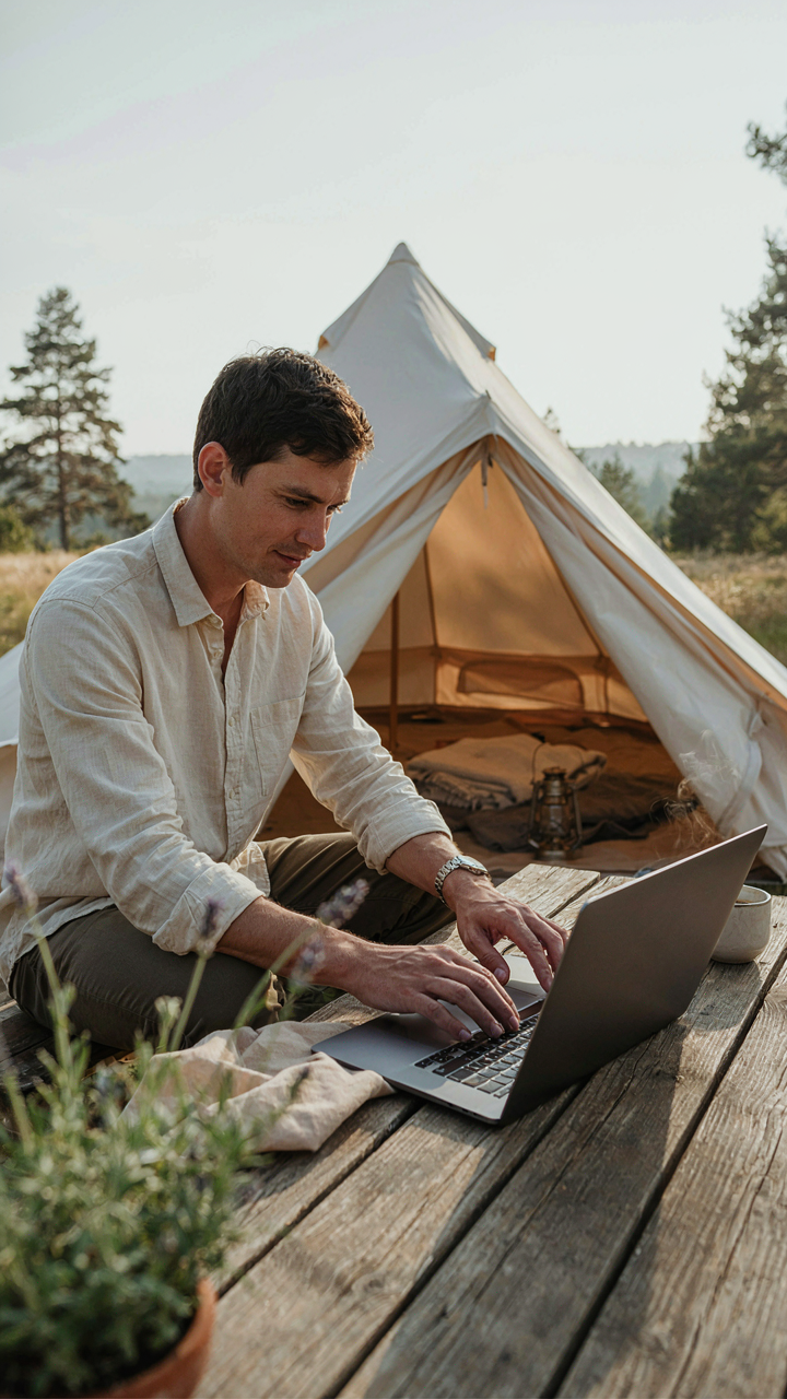 A person with a high-quality watch works on a laptop at an outdoor table.