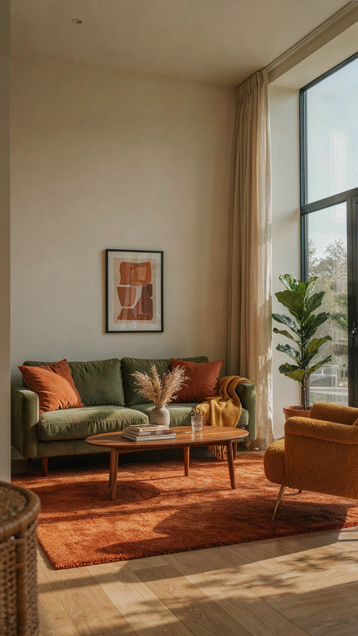 A mid-century modern living room shows authentic vintage colors.