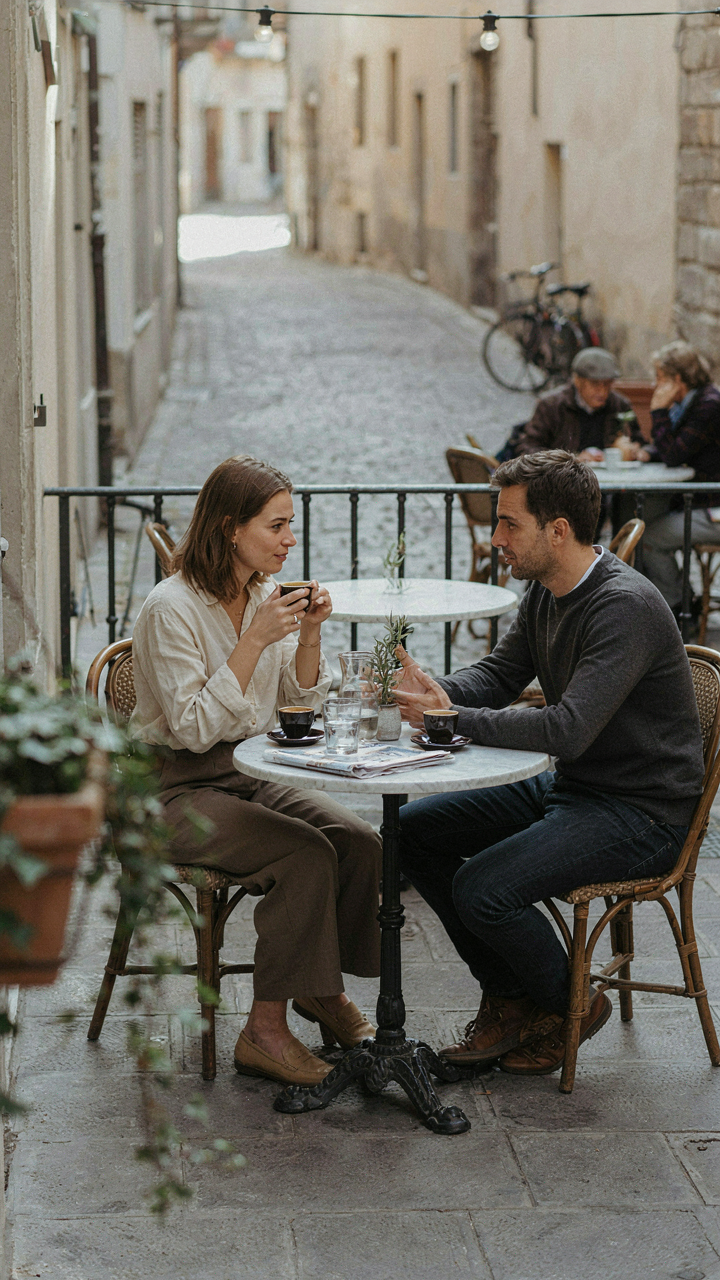 Two people comfortably converse at a small outdoor table with soft lighting.