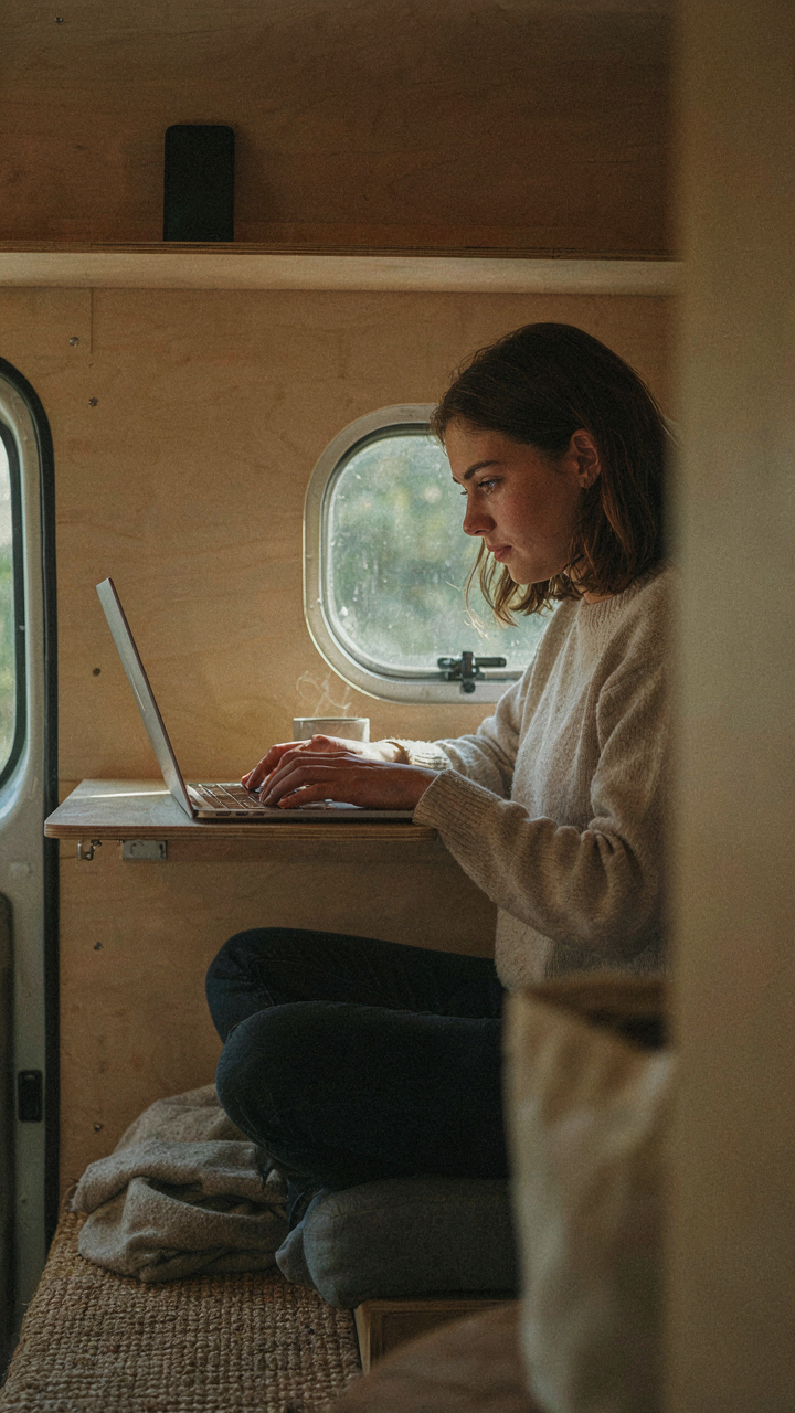A person works on a laptop inside a van, phone visible across the room.