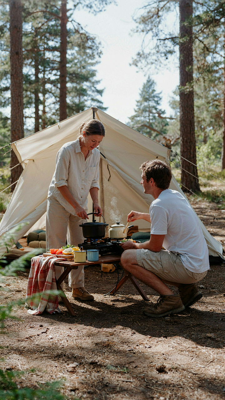 Campers cook a meal during midday, avoiding peak insect activity for camping bug hacks.